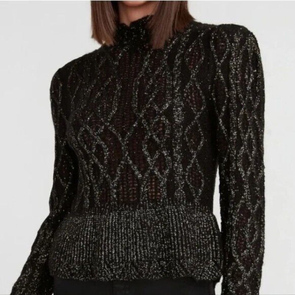 Express Womn S Metallic Wool Alpaca Blend Pointelle Mock Neck Peplum Sweater NWT